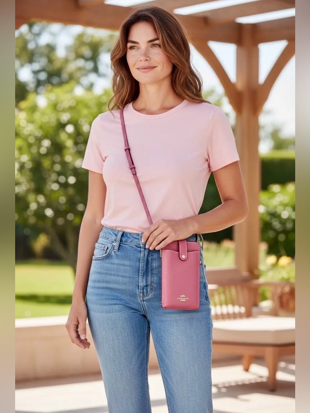 Coach Pink Leather Crossbody Phone Pouch with Gold Logo